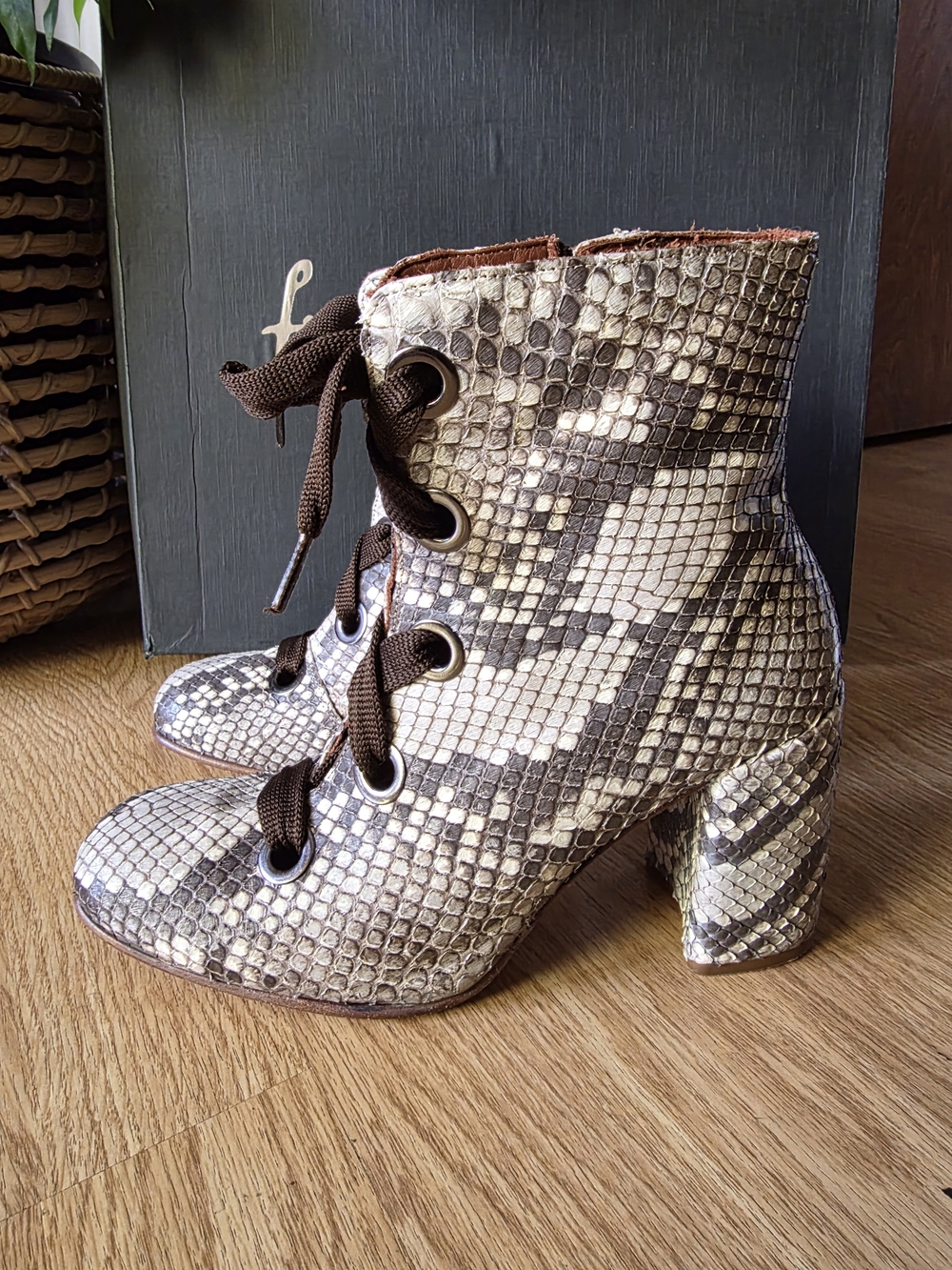 Snake-Print Lace-Up Block Heel Ankle Boots in Brown/Beige